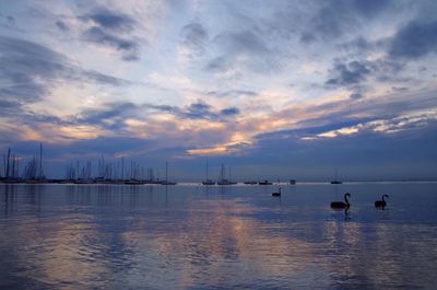 Boats in sea at sunset