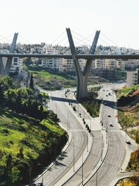 High angle view of highway by road against sky