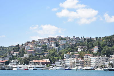 View of townscape by sea against sky