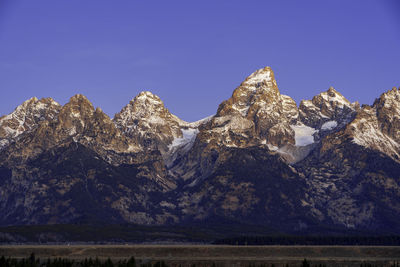 Panoramic view of snowcapped mountains against clear blue sky