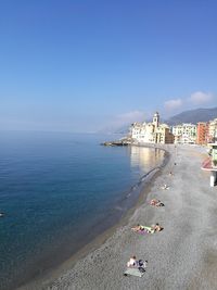 Scenic view of sea against clear blue sky