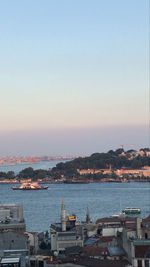 High angle view of city by sea against sky