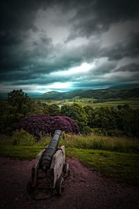 Scenic view of tree on field against storm clouds