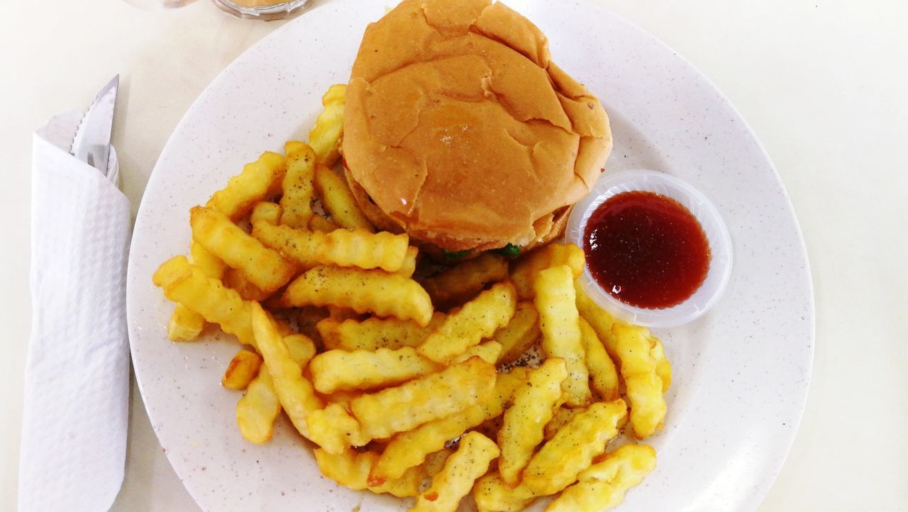 HIGH ANGLE VIEW OF FRIED EGG ON PLATE