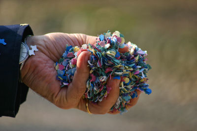 Close-up of hand holding multi colored flowers