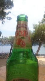 Close-up of beer bottle against trees