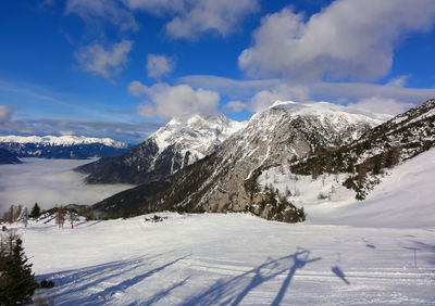 Scenic view of snow covered mountains against sky