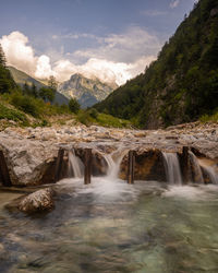 Scenic view of waterfall against sky