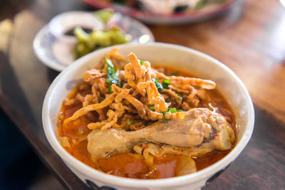 Close-up of noodles in bowl on table