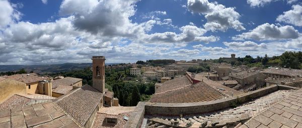 High angle view of old building against sky