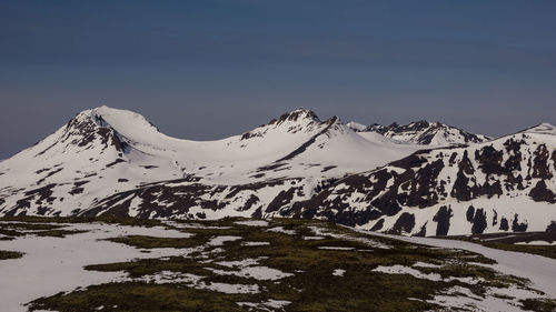 Scenic view of snow covered mountains against sky