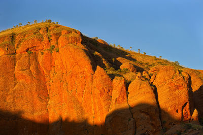 Low angle view of rock formations against clear sky