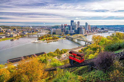 High angle view of river and buildings against sky