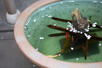 High angle view of water in container on table