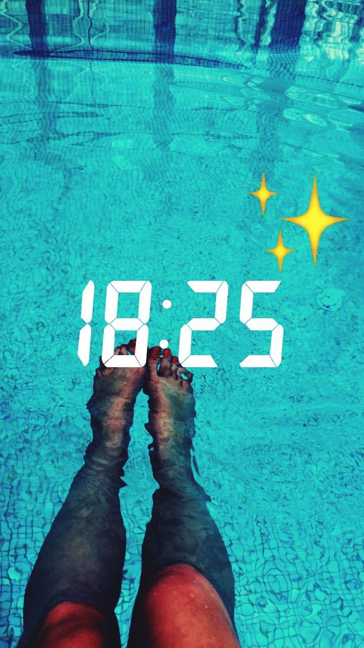 blue, low section, text, communication, western script, water, person, personal perspective, unrecognizable person, swimming pool, human foot, standing, part of, lifestyles, wall - building feature, men, close-up