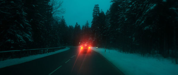 Illuminated road amidst trees during winter at night