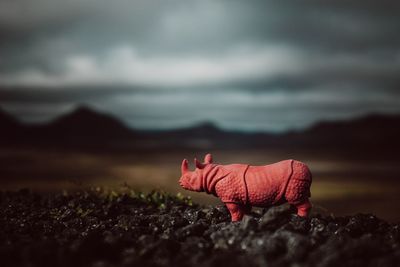Rhinoceros toy on field against cloudy sky