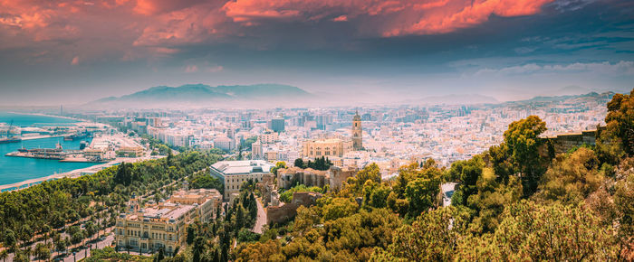 High angle view of townscape against sky during sunset