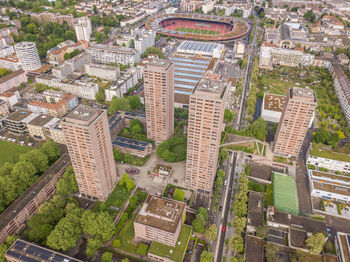 High angle view of buildings in city