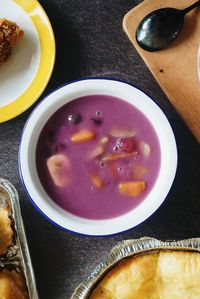 High angle view of soup in bowl