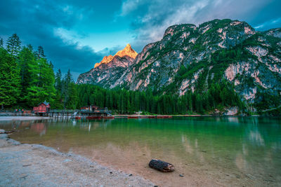 Panoramic view of lake braies in the dolomites, italy.