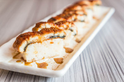 High angle view of bread in plate on table