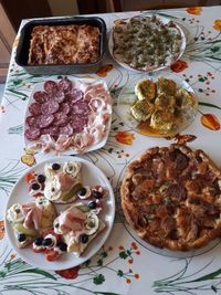 High angle view of meal served on table