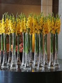 Close-up of yellow flowers in vase on table