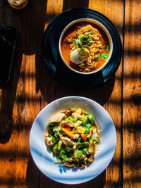 High angle view of meal served on table