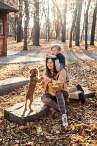 Caring for your pet in autumn, cute english cocker spaniel puppy walking with family in autumn park