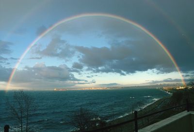 Scenic view of rainbow over sea against sky