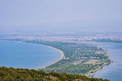 High angle view of bay against clear sky