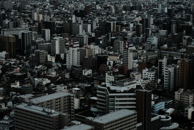 High angle view of modern buildings in city