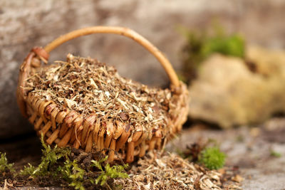 Close-up of dry leaves on basket