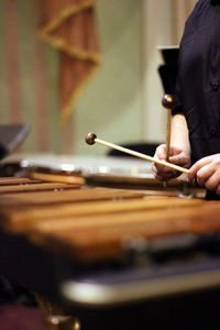 Midsection of woman playing musical instrument