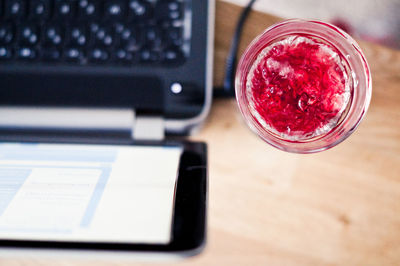 High angle view of drink served on table