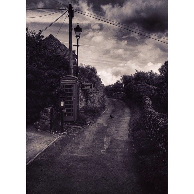 sky, transfer print, the way forward, power line, electricity pylon, cloud - sky, tree, auto post production filter, road, cloud, built structure, cloudy, electricity, connection, architecture, street, power supply, diminishing perspective, transportation, street light