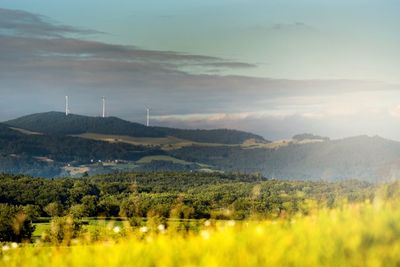 Scenic view of field and mountains against sky