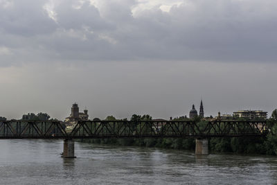 Bridge over river with buildings in background