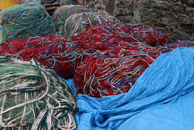 High angle view of fishing net at market