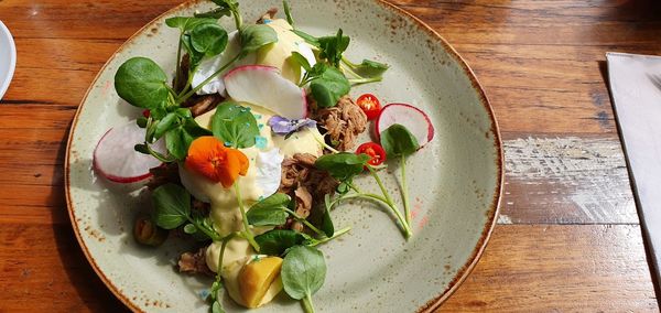 High angle view of salad in plate on table