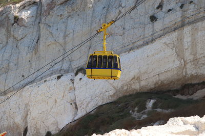 Low angle view of signboard on rock against wall