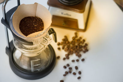 High angle view of coffee beans on table