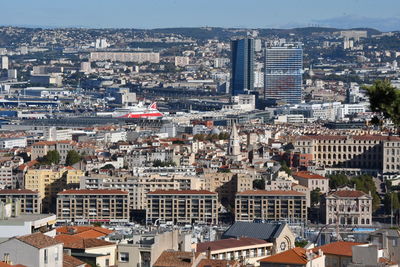 High angle shot of townscape against sky