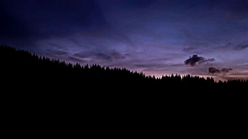 Silhouette trees on landscape against sky at night