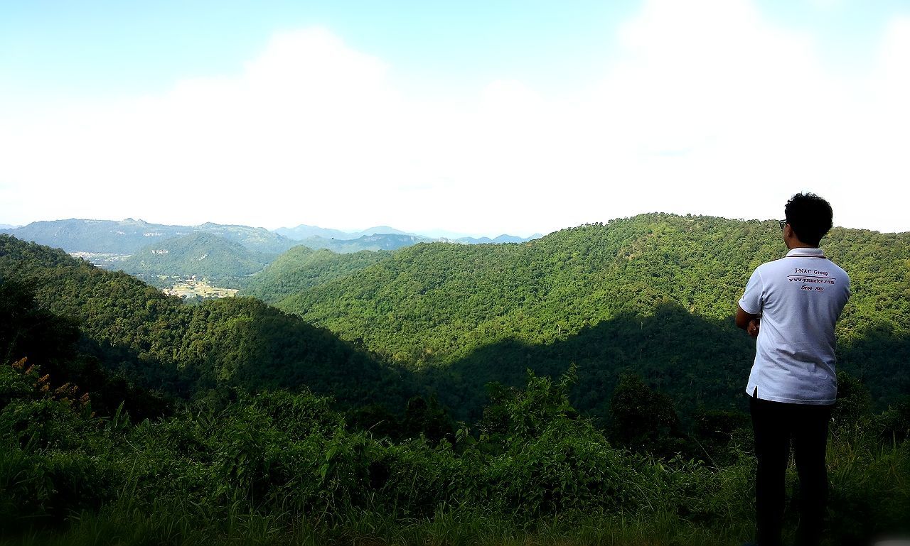 mountain, landscape, tranquil scene, sky, tranquility, leisure activity, scenics, lifestyles, beauty in nature, rear view, nature, grass, standing, full length, tree, casual clothing, green color, non-urban scene