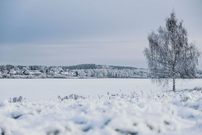 Scenic view of snow covered land against sky