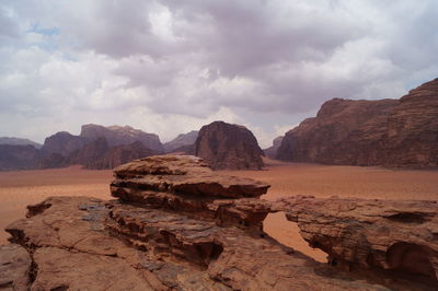 Rock bridge stone arch in wadi rum desert