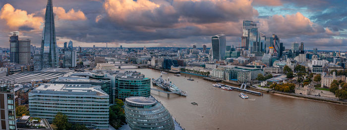 Aerial panoramic sunset view of london tower bridge and the river thames