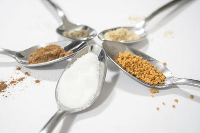 Close-up of spices in spoons